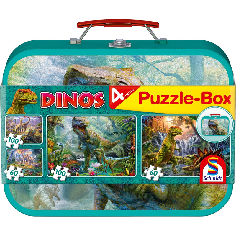 Schmidt® Spiele 56495 Kinderpuzzle Dinos, Puzzle-Box im Metallkoffer 2 x 60 / 2x 100 Teile ab 6 Jahre
