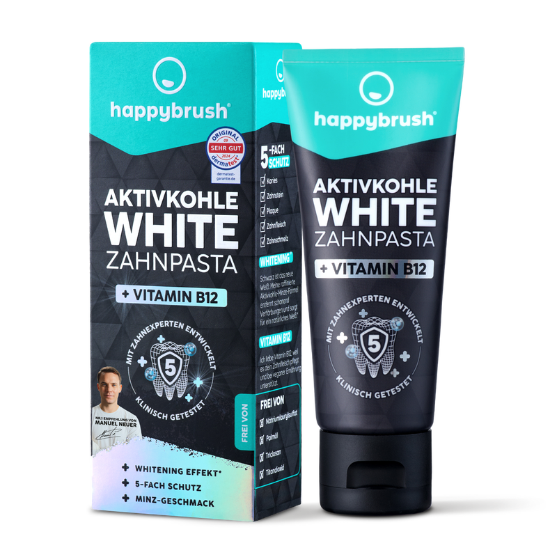 happybrush Zahnpasta Aktivkohle White mit Vit. B12, 75 ml