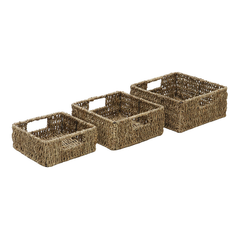 Hand Woven Seagrass Square Storage Baskets with Inset Handles – Set of 3