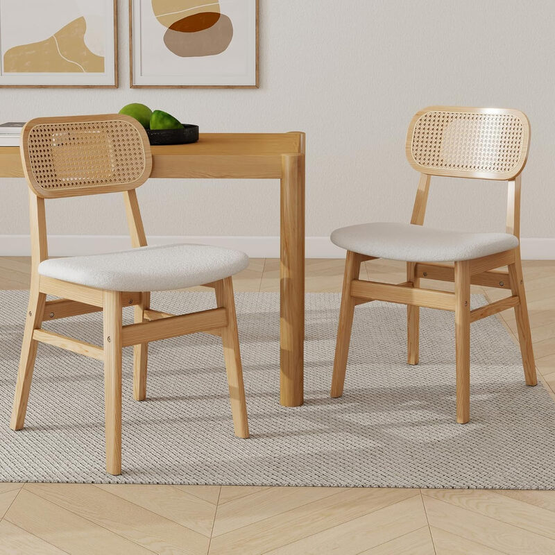 Rattan Dining Chairs Set of 2 Kitchen Side Chairs with Wood Legs for Dining Room, Fau
