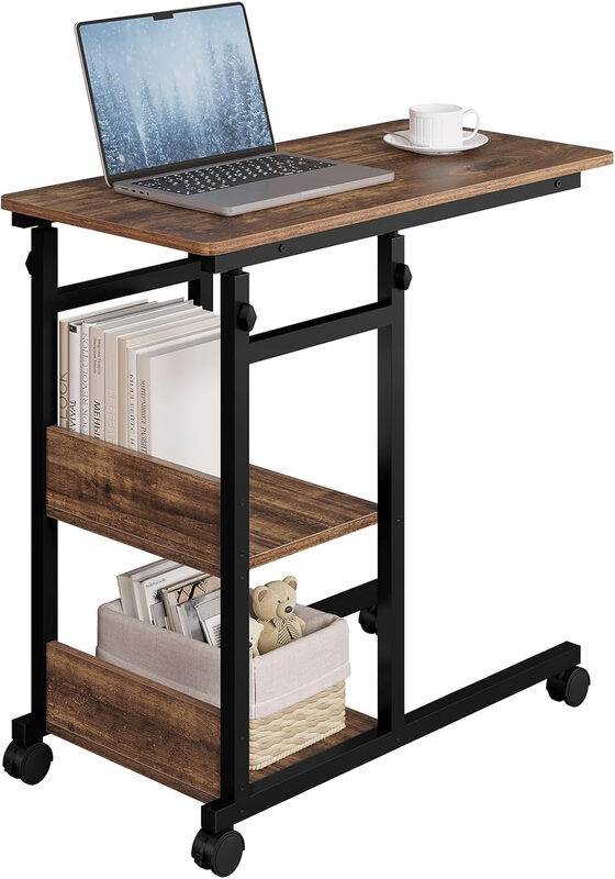 WOLTU Beistelltisch Couchtisch Sofatisch Wohnzimmertisch Laptoptisch Betttisch, C-förmig höhenverstellbar, mit Rollen, aus Metall Holzwerkstoff, Vintage-Holzoptik + Schwarz, BTS08hov
