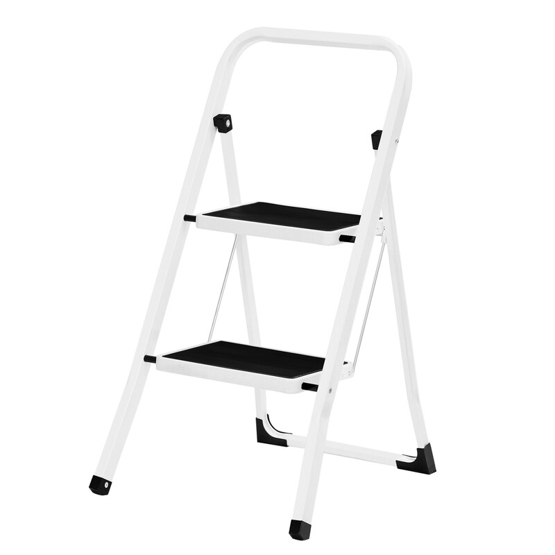 JOYFURNOS Trittleiter, Stahl 2-stufiger klappbarer Tritthocker mit Griff, Robust 150 kg, 86,5 x 44,5 x 4,5 cm, Weiß