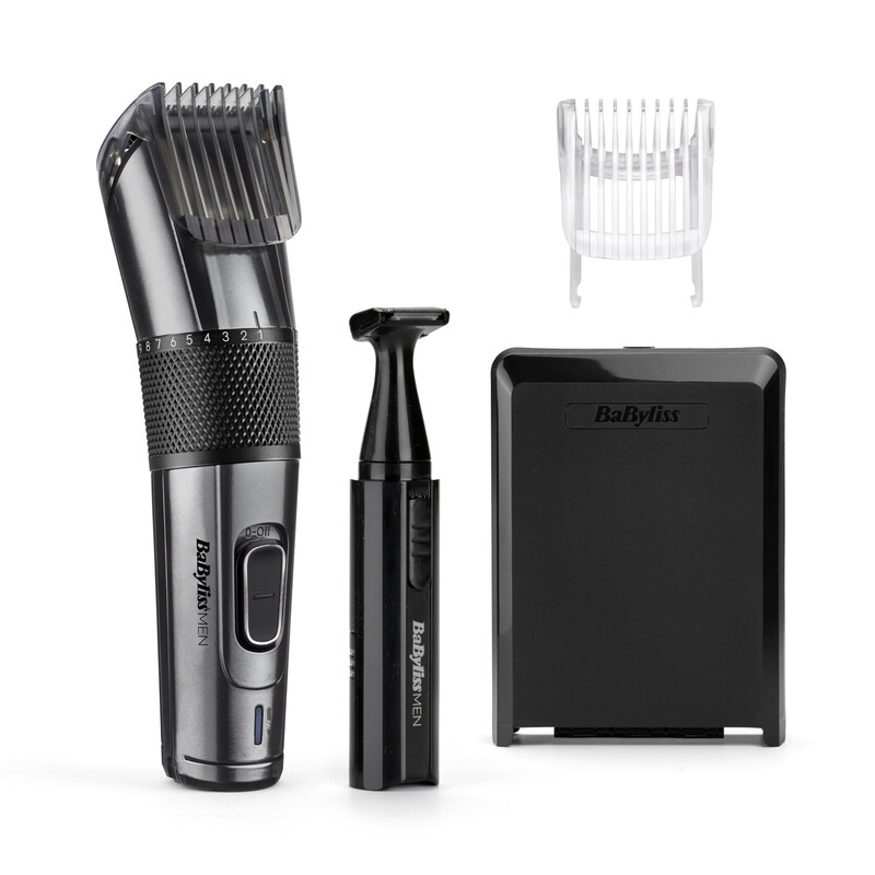 BaByliss Haar- & Barttrimmer E978E Carbon Titanium: Akku/Netzbetrieb, 60 Min. Laufzeit, 360°-Drehrad, inkl. Zubehör für präzise Schnitte.