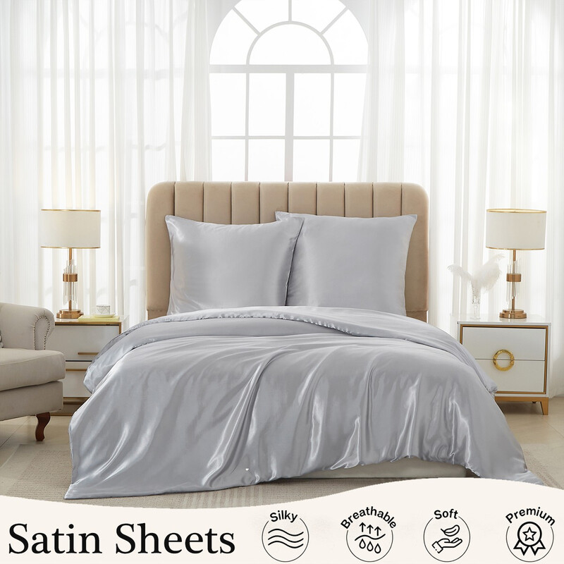 Satin Duvet Cover Set 260*220cm/60*80cm*2 Gray