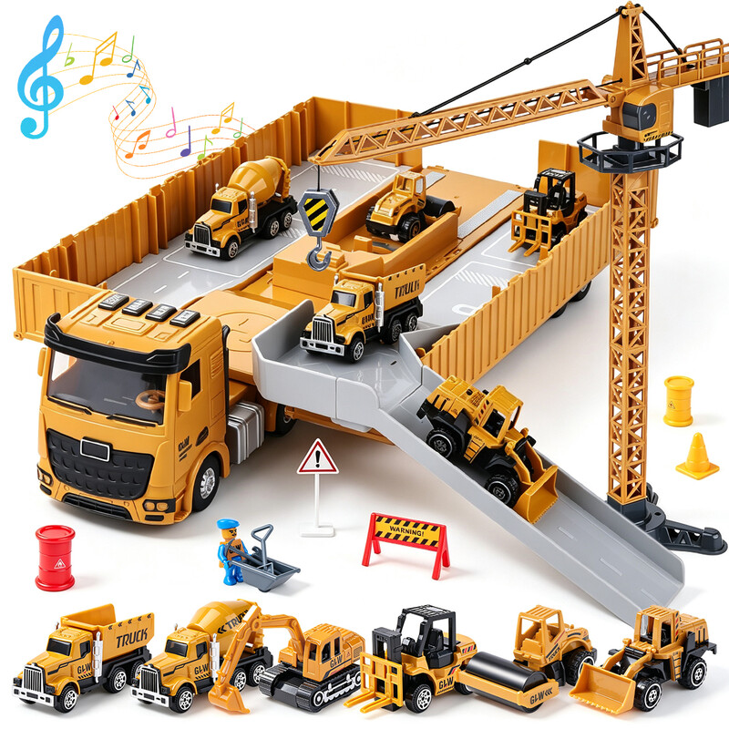 Kids Construction Storage Truck Playset, Large Foldable Container Truck with Music & Sound Effects, Launch Track & Parking Area, Assemblable Tower Crane, 6 Movable Mini Engineering Vehicles, Traffic Signs & Roadblock Accessories, Parent-Child Interactive Educational Pretend Play Toys.