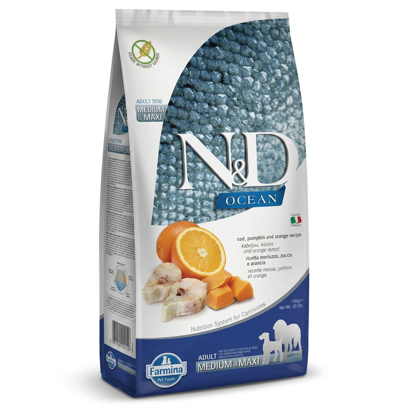 Farmina N&D Ocean Kabeljau mit Kürbis und Orange Rezeptur Adult Hundefutter Medi/Maxi 12 kg