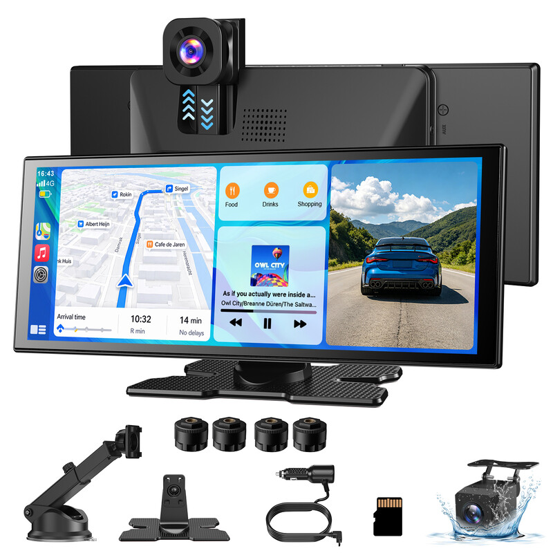 【Herbst‑Special】ESSGOO 11,3 Zoll Wireless CarPlay Display 4K 360° drehbare Frontkamera, 1080P Rückfahrkamera, unterstützt Wireless Apple CarPlay und Android Auto, TPMS，hochauflösender Touchscreen, Bluetooth, unterstützt Mirror Link, GPS-Navigation, Sprach