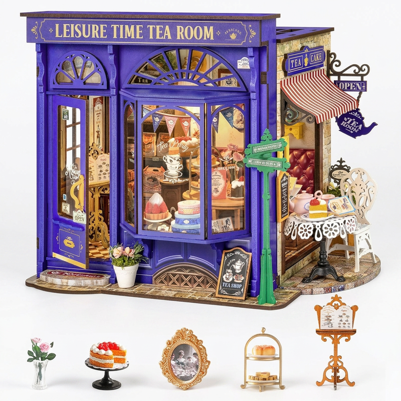 Robotime leisure time tea DIY-miniatuurhuisbouwpakket, 24,9 x 15,5 x 17,8 cm, 1 stuk,Wooninrichting, boekenkastdecoratie,Handgemaakte cadeaus voor volwassenen en tieners,Onderwijs speelgoed