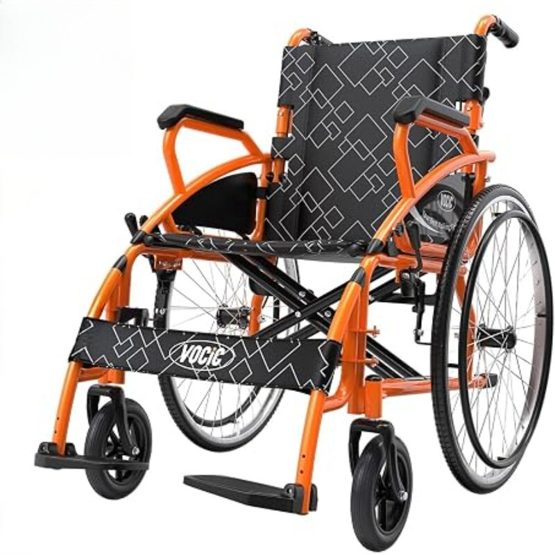 Handmatige opvouwbare rolstoel van koolstofstaal links & rechts, oranje frame, draagbare handmatige mobiliteitsrolstoel voor senioren & gehandicapten
