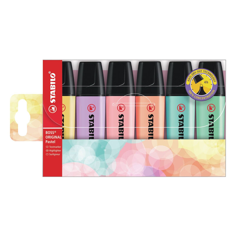 STABILO BOSS ORIGINAL Pastel - Markeerstiften - Set van 6 - Melkgeel, Romig Perzik, Roze Blush, Lila Mist, Vleugje Mint, Vleugje Turquoise