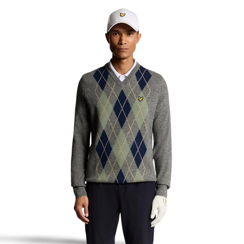 Men's Lambswool Blend Arygle V-neck jumper - Sidewalk/Bright Navy
