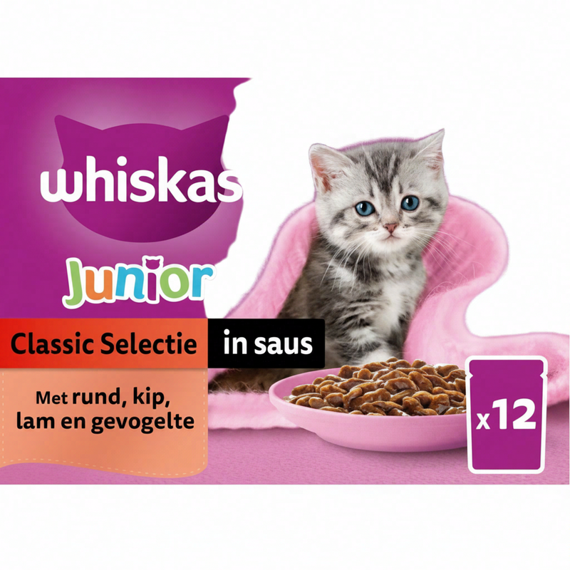 Whiskas kattenvoer junior classic selectie in saus multipack 12× 85 g