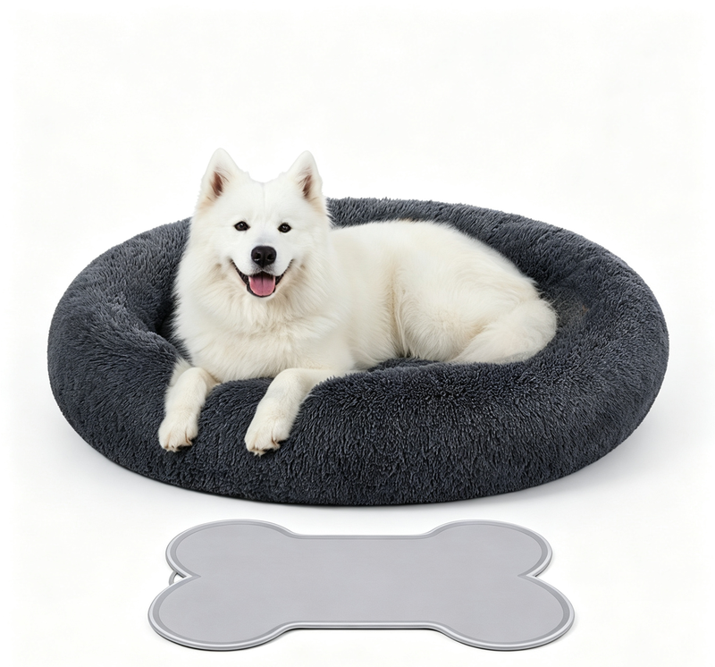 JOYFURNOS Zacht pluche kalmerend hondenbenchbed met afneembare, machinewasbare hoes, donkergrijs, 120 x 20 cm en botvormige hondenvoermat/dog splash pad