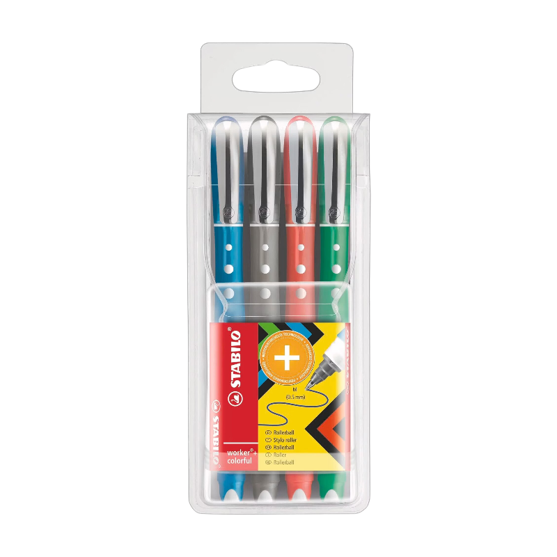 STABILO worker+ colorful - Rollerball - Set van 4 - Groen, Rood, Blauw, Zwart