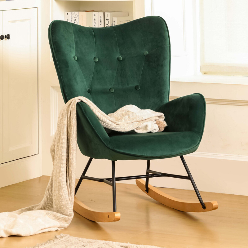 URBAN MEUBLE Furniture Modern Velvet Rocker Armchair – High Back Deep Seat Green Upholstery for Cozy Living Room Comfort