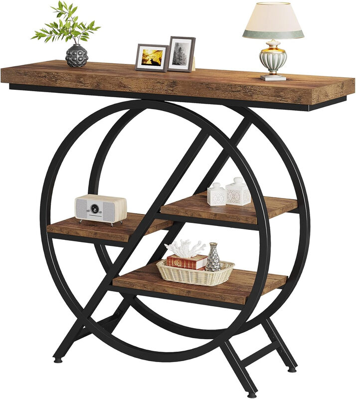 Tribesigns Console Table, 100 cm, Thick Top Industrial Coffee Table, Side Tables with Geometric Metal Frame, for Living Room, Entrance, Rustic Brown