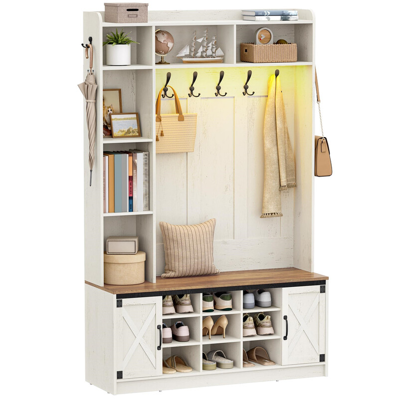 HaluPeit kapstok met bank, kapstok met LED-verlichting, kledingrek, verstelbare planken, 15 open vakken, 7 haken, voor gangen, 40,3 x 120 x 191 cm, wit en bruin
