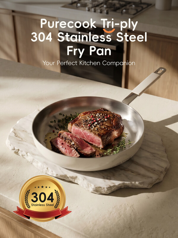 PURECOOK Frying Pan | Tri‑Ply 304 Stainless Steel | No Lid | Detachable Anti‑Scald Silicone Sleeves | Cream Ceramic Exterior | Polished Inner Surface | Elegant Modern Look | Practical 24cm(9.4‑Inch) Cooking Surface | For 2‑3 Person Daily Cooking | All Cooktops | PFAS‑Free