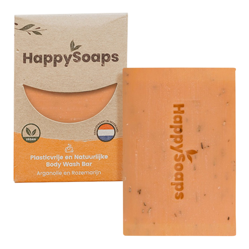 HappySoaps douchebar - arganolie en rozemarijn - aards en intens geurend - 100% plasticvrij, veganistisch en dierproefvrij - 100 g
