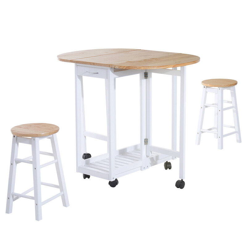 Bar Table & 2 Stools Foldable Portable Natural/White
