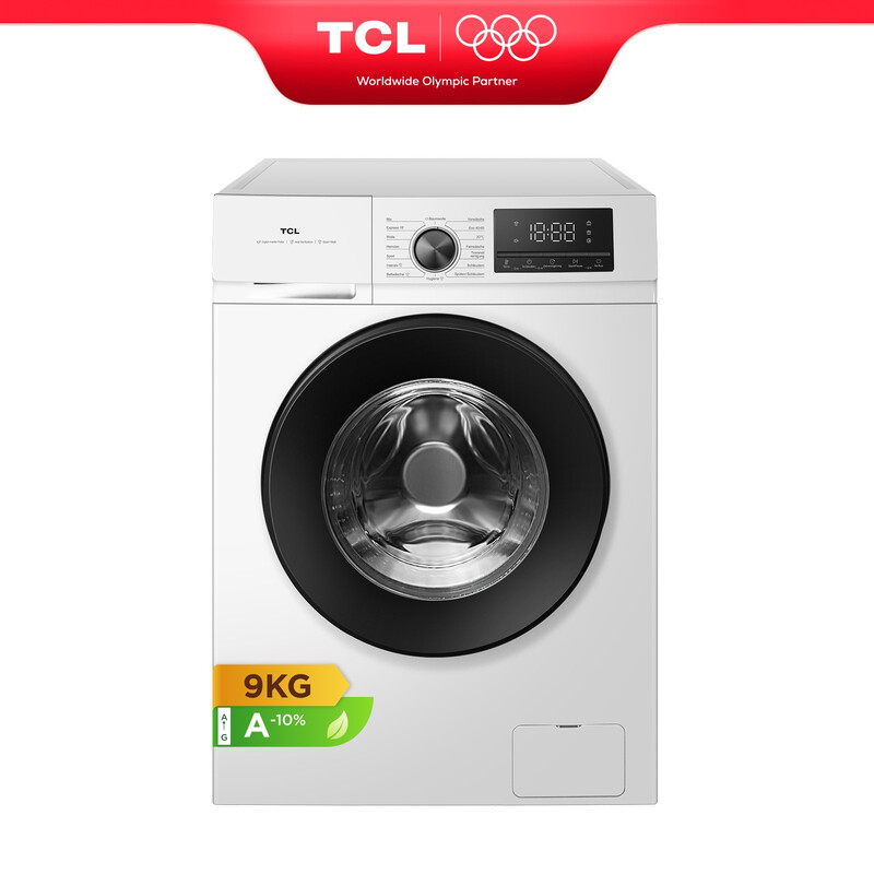 TCL Waschmaschine, 9 kg, Energieeffizienzklasse A-10 % mit BLDC-Motor, Dampfwaschgang, Schnellwaschgang 15 Min., Kindersicherung, Wabenkessel [Energieklasse A] FF0109WA2AMDE