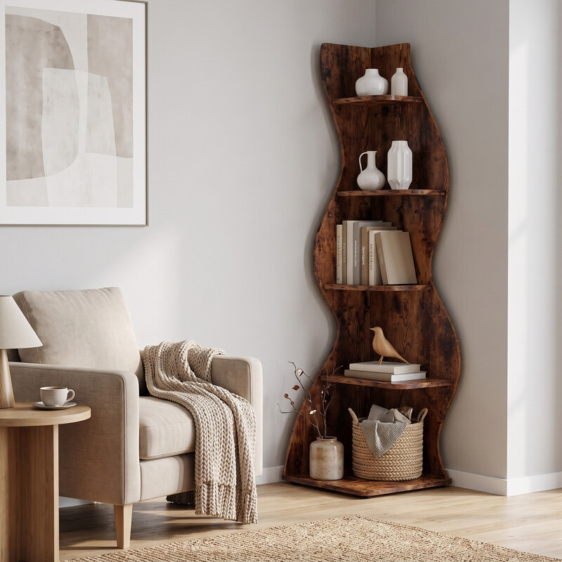 LANTINE schlankes Eckregal mit 5 Ebenen, 49,78 x 47,75 x 177,29 cm, 1 Stück, für Zuhause, Büro und Wohnzimmer