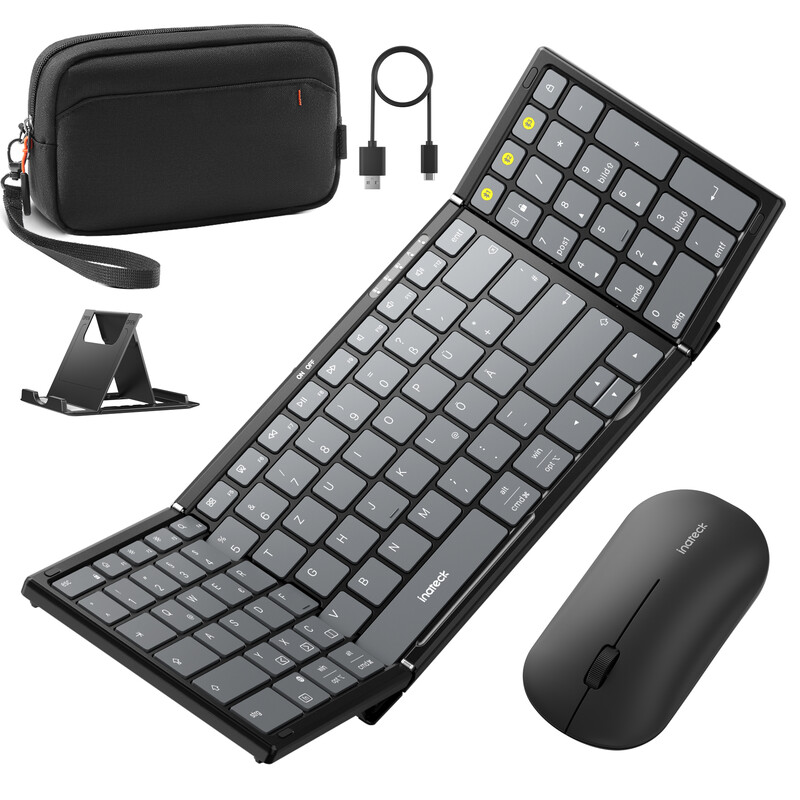 Inateck Faltbares Bluetooth 5.3 tragbares Tastatur- und Tri-Mode-Maus-Set mit Ziffernblock, verstellbarer Ständer, Tragetasche, kompatibel mit Tablets, Smartphones, Laptops, PCs (Windows/iOS/Android), QWERTZ, N0158BK