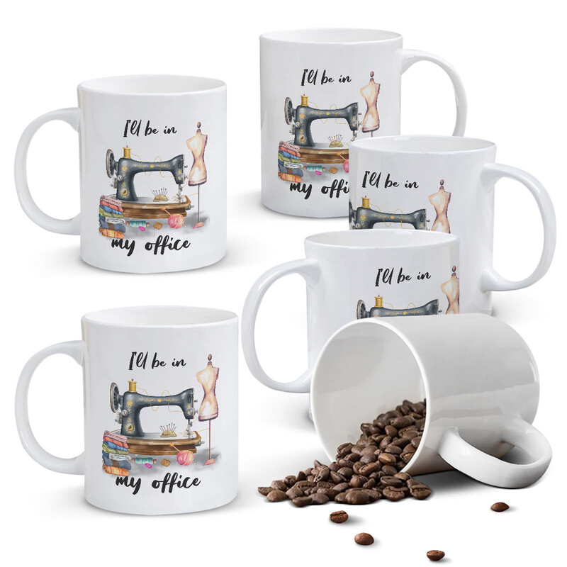 1pc 11oz White Mug with "I'LL BE IN MY office" Pun & Detailed Sewing Notions, Whimsic
