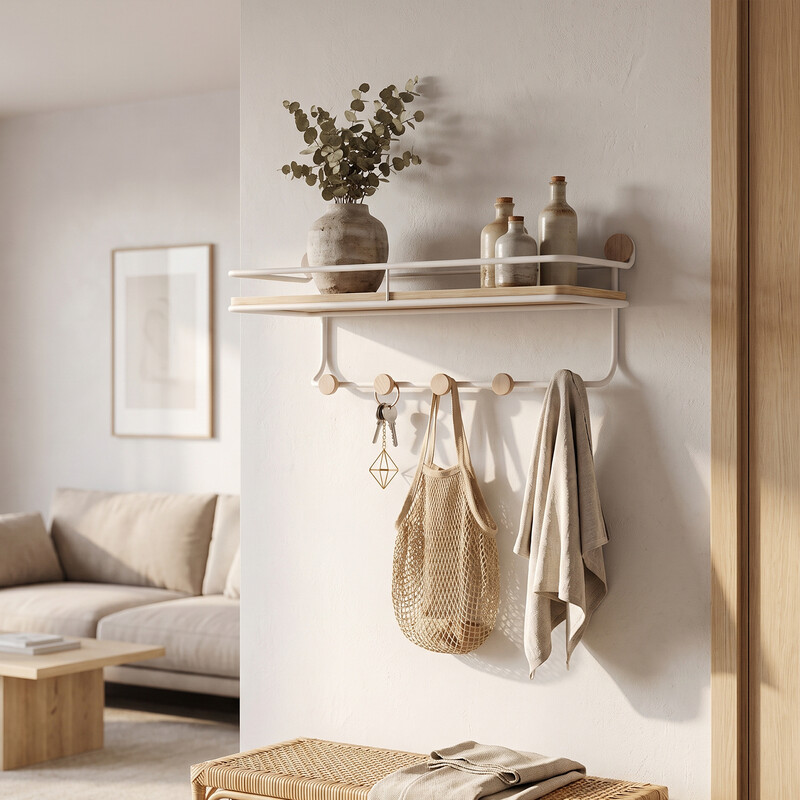 kapanou Floating Shelves with Coat Hooks Rail, Wall Mounted Natural Wood Grain Shelf for Bathroom, Bedroom, Living Room (White), New Year Sale, Top Gift Picks