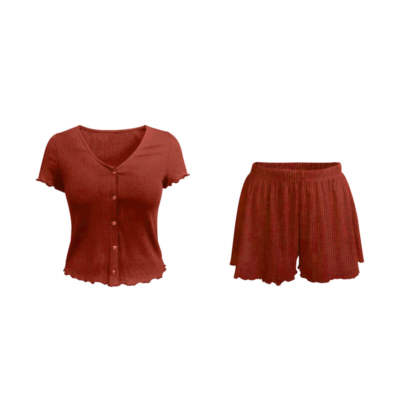 v-neck wine red short sleeved top and shorts set XL