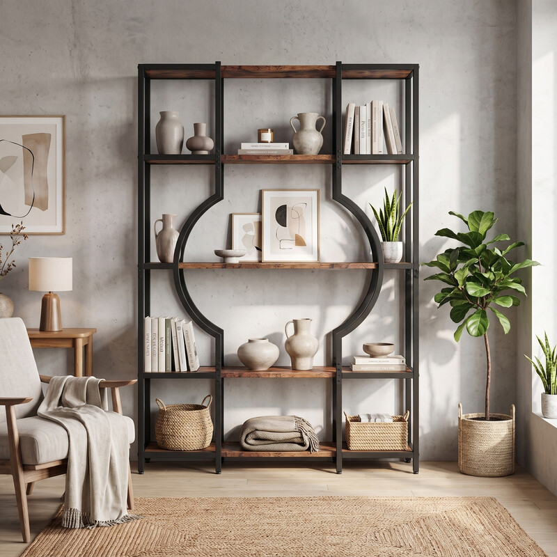 5-stöckiges Bücherregal, hohes Vintage-Bücherregal mit 12 offenen Ablagefächern, Holz-Bücherregal mit Metallrahmen für Büro, Wohnzimmer, Schlafzimmer (Braun)