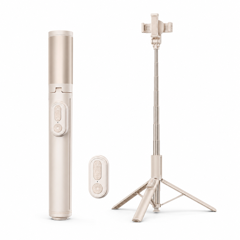 Verbex K60 in Champagnerfarbe – praktischer Selfie-Stick mit Stativfunktion. Ideal für Live-Übertragungen, Fotoshootings und die Bedienung des Telefons per Fernbedienung.