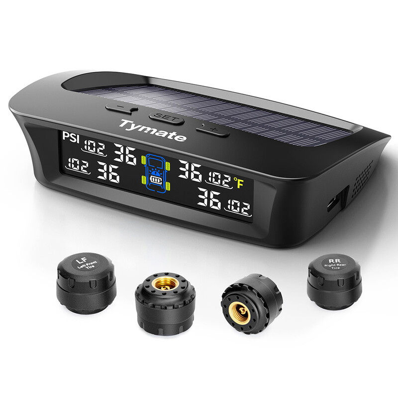 Tymate bandenspanningscontrolesysteem voor campers, oplaadbare bandenspanningsmeter op zonne-energie, uitgerust met 4 sensoren, 6 alarmmodi, met LCD-kleurenscherm, 0-87PSI, geschikt voor campers/aanhangwagens/vrachtwagens, TM3C+4TS2