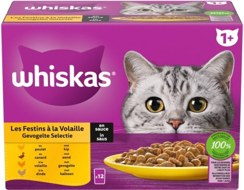 Whiskas Adulte Sélection en sauce Multipack - Nourriture humide - Poulet&canard&dinde 12 x 85 g
