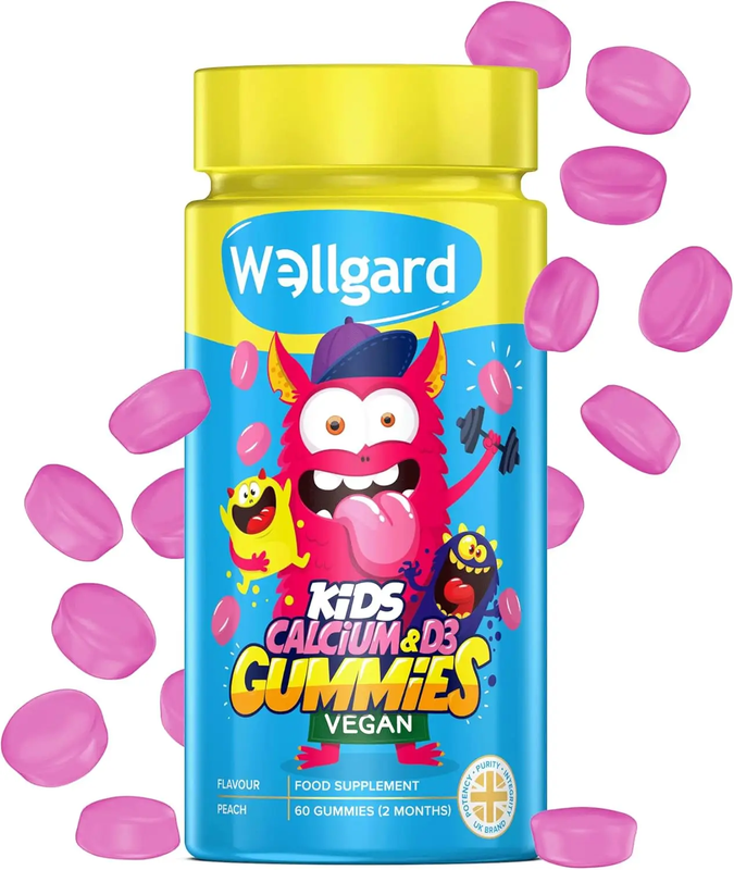 Wellgard Peach Calcium + Vitamin D3 Vegan Bone Support Gummies For Kids - 60 Gummies