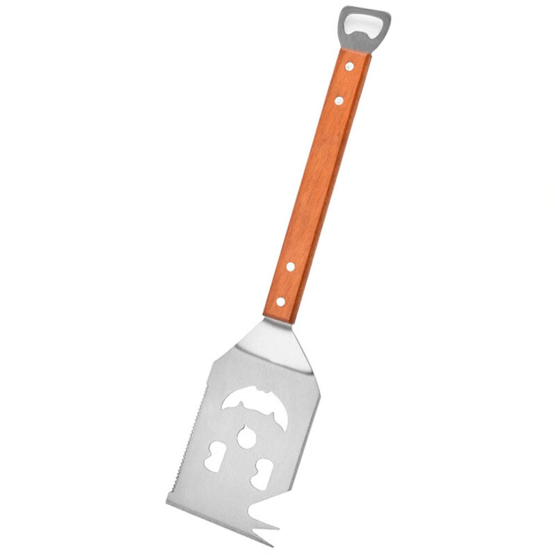 Outdoor barbecue shovel with wooden handle, stainless steel metal shovel with bottle