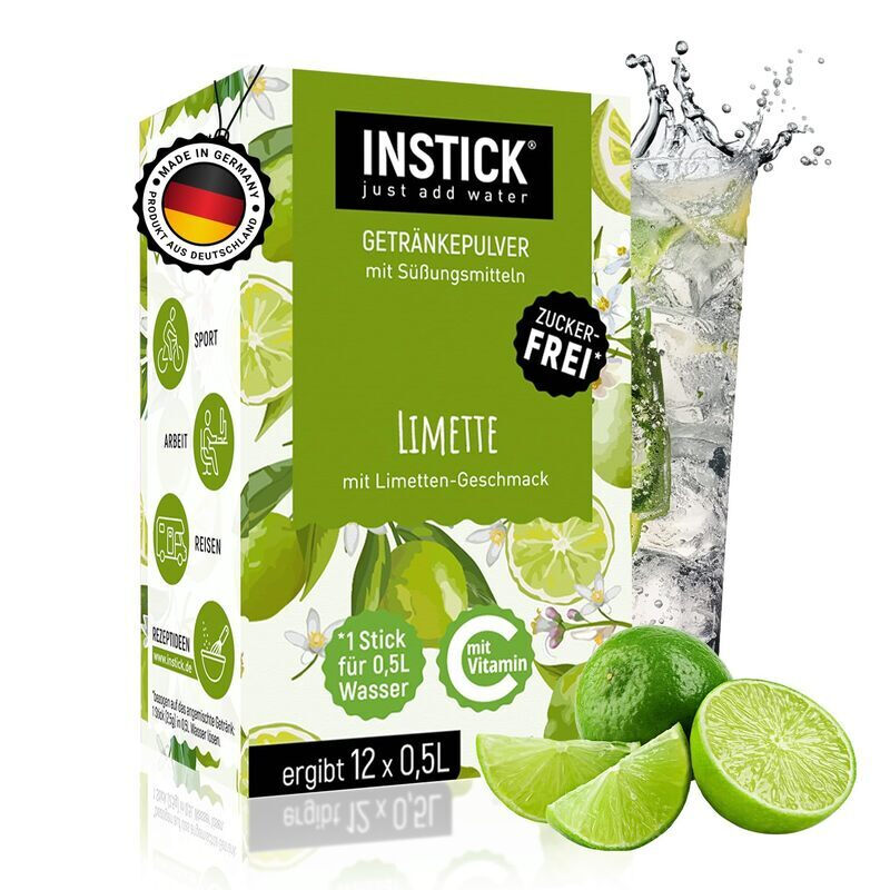 INSTICK Zuckerfreies Instant-Getränk (Limette) - 1 Packung für 12 x 0,5-1 L - Veganes Getränkepulver Kalorienarm & Vitamin C - Instant-Pulver