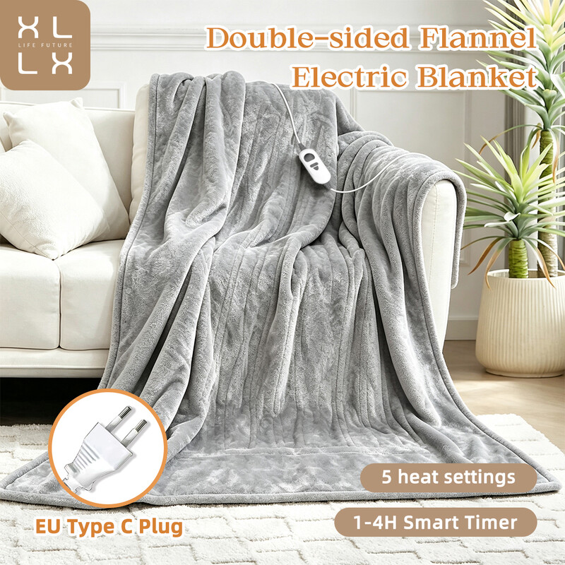 XLLX pluche flanellen elektrische deken, 130×160 cm, 5 warmtestanden & 4-uurs timer, bed, bank, elektrische deken met timer digitaal display, met EU-standaard stekker