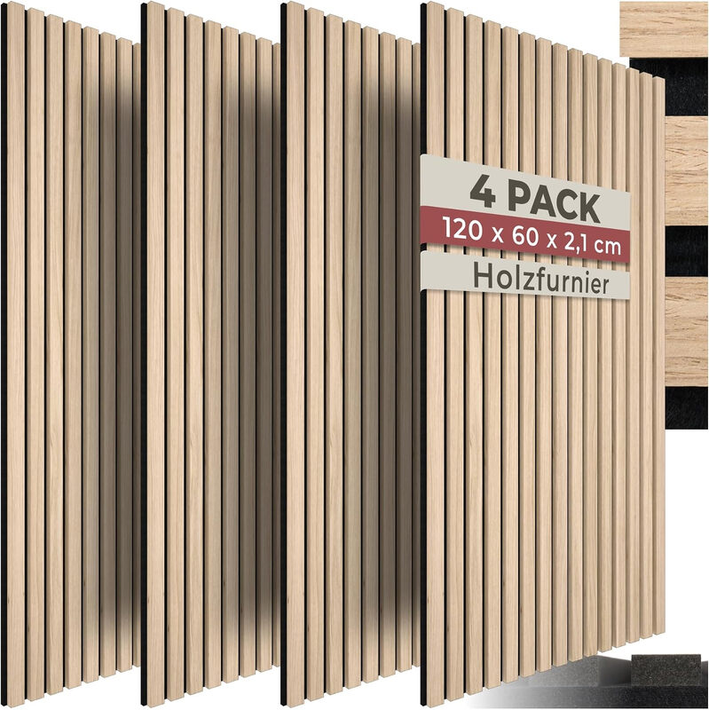 Premium Eiche 3D Holzlamellen Akustikpaneele (4er-Set) | Umweltfreundliche Schallabsorbierende Wandkunst | Geräuschreduzierung & Echokontrolle für Home-Office & Studio