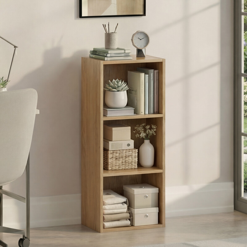 Vida Designs Oak 3 Tier Cube Bookcase - Living Room Furniture Storage Shelf Organizer Unit for Home Office