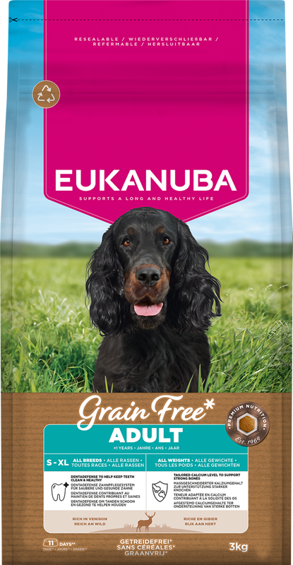 Eukanuba Graanvrij hondenvoer voor volwassen honden, alle rassen, hert, 3 kg