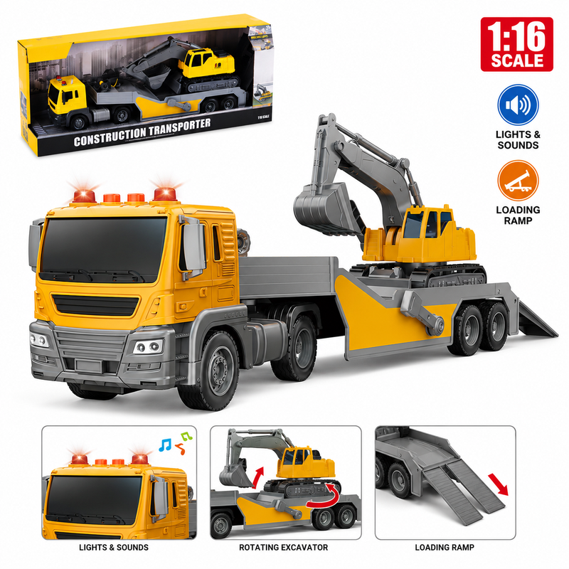 LKW mit Bagger – Set mit Licht- und Soundeffekten (2-teilig); Spielset aus LKW und Bagger; Darstellung der Licht- und Soundfunktionen