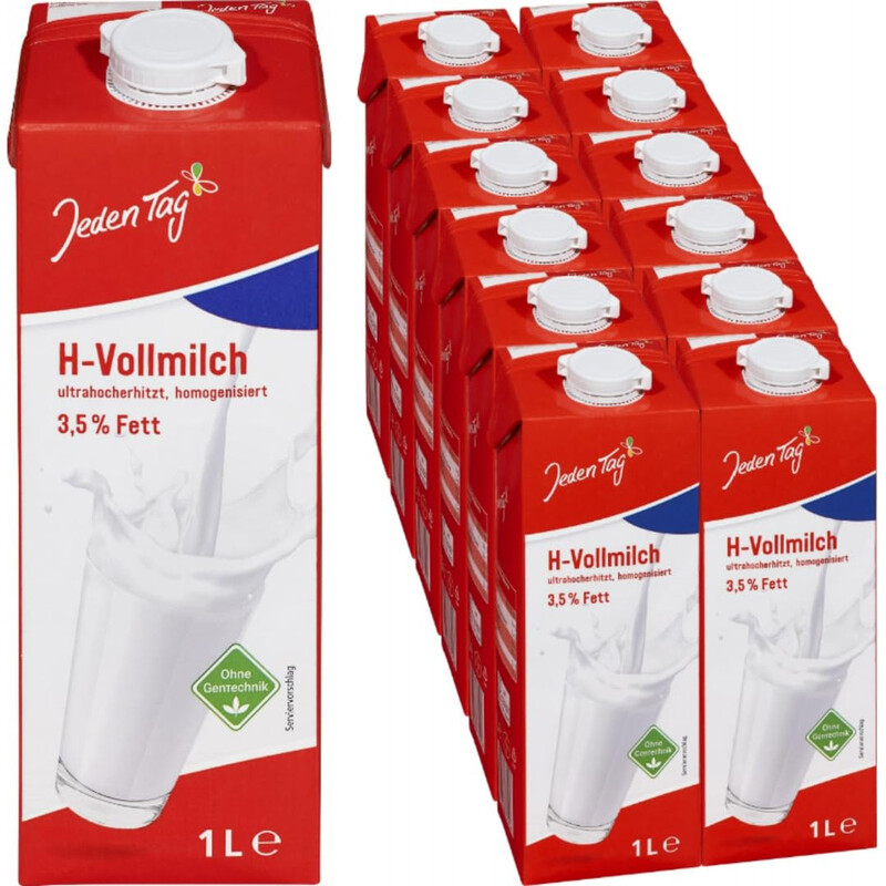 Jeden Tag haltbare UHT-Vollmilch, 3,5 % Fett homogenisierte haltbare Milch, 12 x 1 L Kartons (12 L insgesamt)