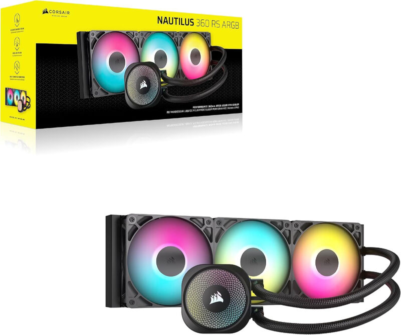 Corsair NAUTILUS 360 RS ARGB AIO CPU-Flüssigkeitskühler, 360 mm, 3× RS120 Lüfter, Geräuscharm, PWM, Intel LGA1851/1700, AMD AM5/AM4, Schwarz