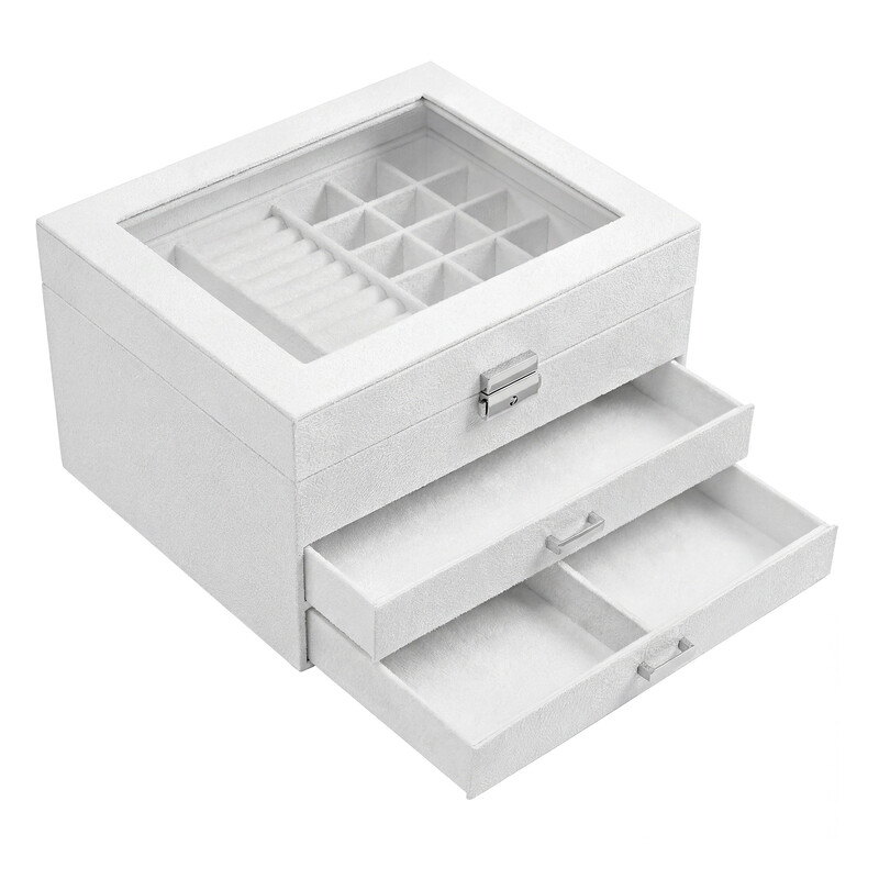 JOYFURNOS Sieraden Organizer Doos met Glazen Deksel, Afsluitbare Opbergbox voor Kettingen, Ringen, Oorbellen, Cadeau, Wit