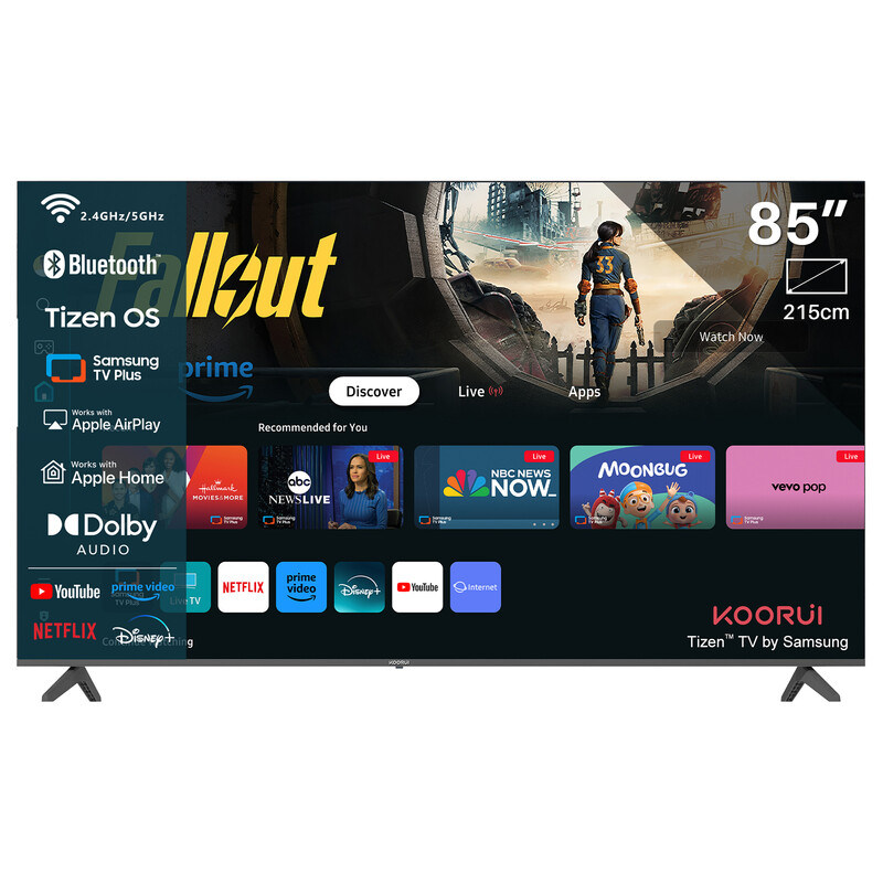 KOORUI K85D3UQ-T8, 85 Zoll, 4K QLED, TIZEN TV, Rahmenloses Design, Dynamischer Sound mit Dolby Audio, Hochwertiges Metall-Finish