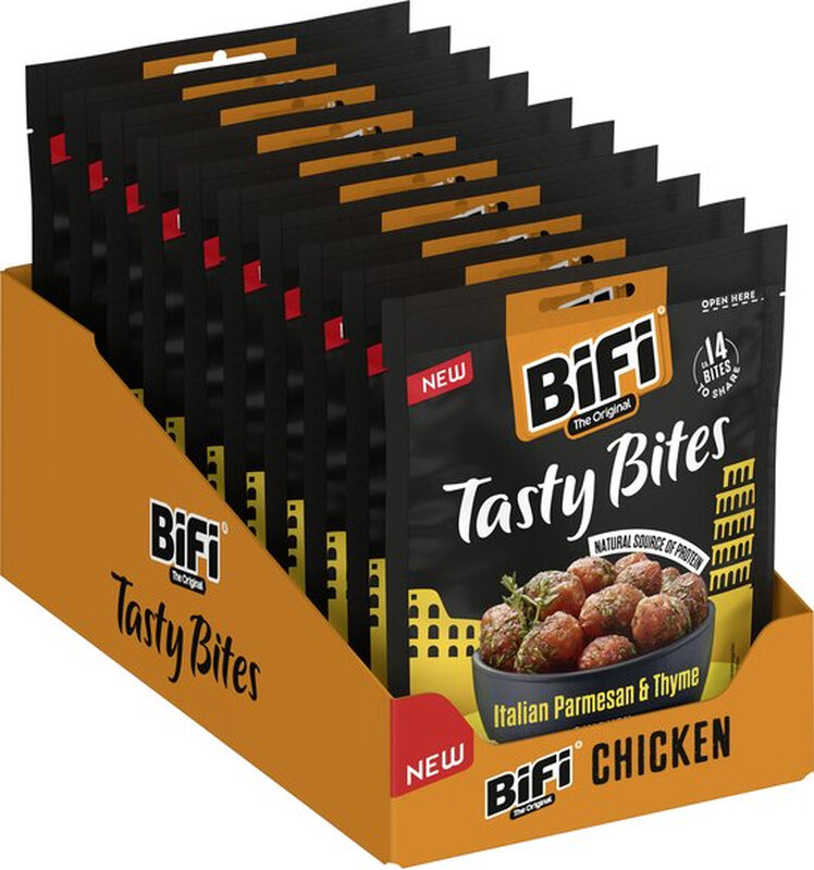 BiFi Tasty Bites - Chicken Italian Parmesan Thyme - 10 x 50g Mini Salamisnacks Met Parmezaanse Kaas & Tijm - Mediterrane Eiwitrijke Snack Voor Onderweg & Werk