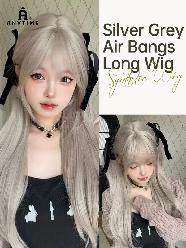 ANYTIME Lange Rechte Synthetische Pruik voor Dames, 26 Inch Zilvergrijs Japanse Lolita Stijl Cosplay Pruik met Dikke Air Bangs en Hoge Pluizige Tophaar, Hittebestendige Haarpruik voor Dagelijks Gebruik, Feest en Halloween