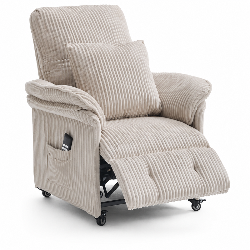 KAUFHOF Galeria Kaufhof Elektrischer Relaxsessel mit 2 Motoren, beige Cord | Elektrischer Relaxsessel mit unabhängig verstellbarer Rückenlehne & Fußstütze, 95°–175° Neigung, arretierbare Rollen & 2 Seitentaschen