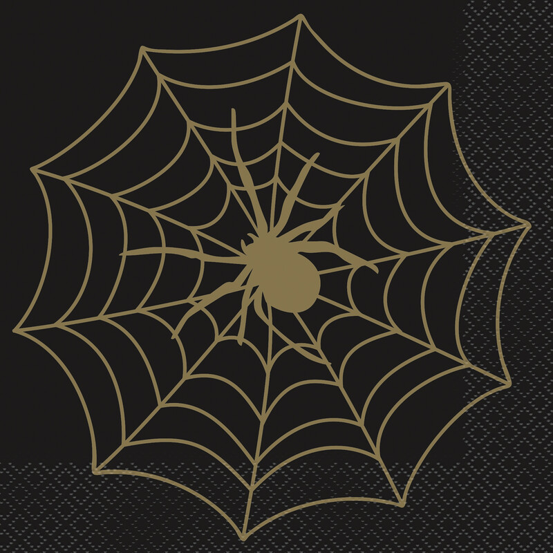Unique Party Black and Gold Spider Web Lunch Napkins, 16-Count Pack for Halloween Party Supplies and Themed Tableware Decor